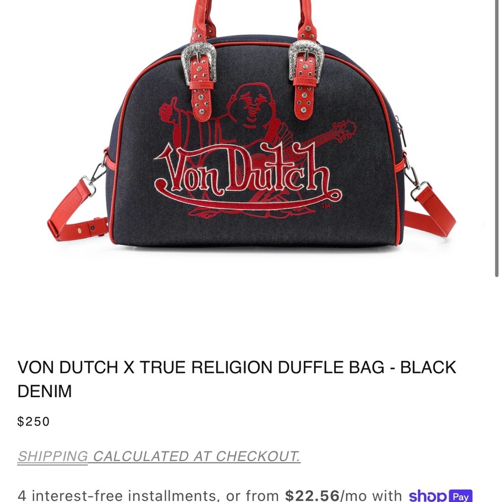 Von Dutch Black Denim Duffle Bag with Red Accents